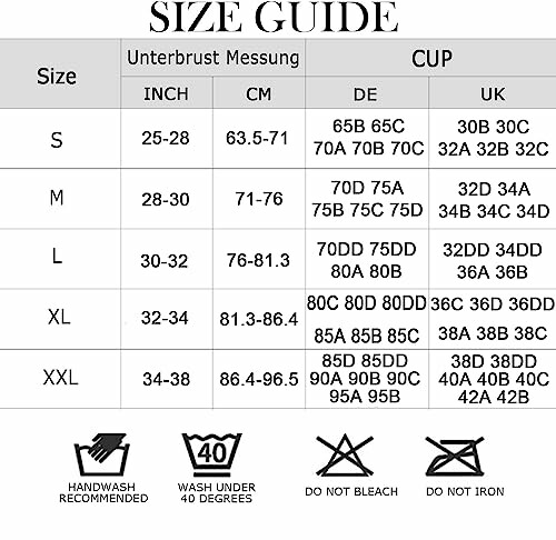 Tabla de guía de tallas de sujetador con medidas en pulgadas, centímetros y tallas de copa para S a XXL.