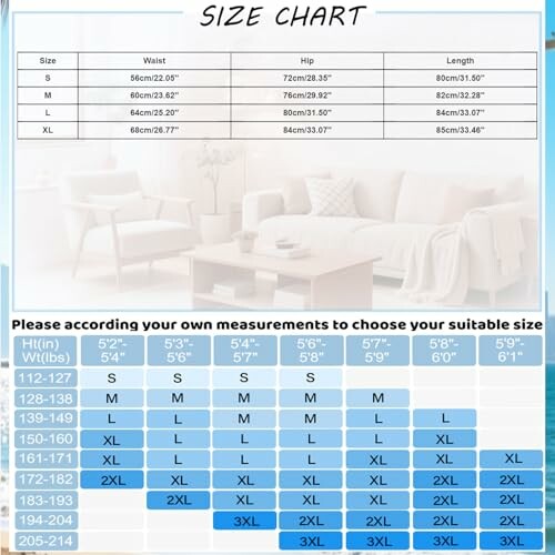 Tabla de tallas de ropa con medidas de cintura, cadera y largo.