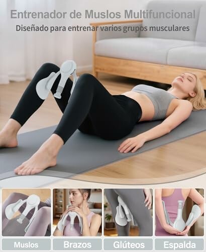 Mujer usando un entrenador de muslos multifuncional en una esterilla.