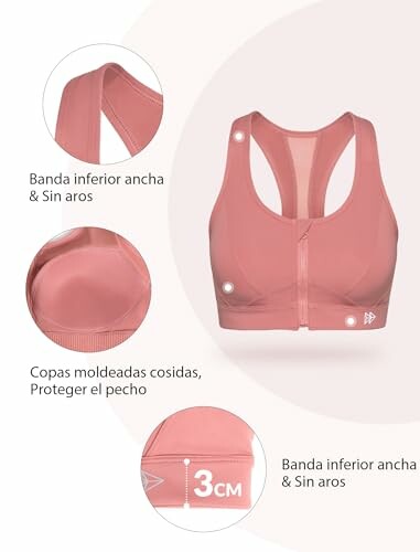 Diseño de sujetador deportivo rosa con detalles de banda inferior y copas moldeadas.