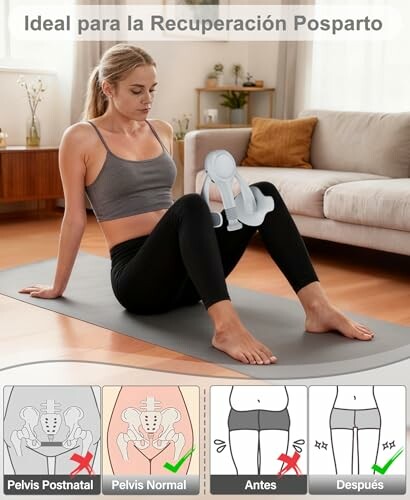 Mujer haciendo ejercicio de recuperación posparto en casa.