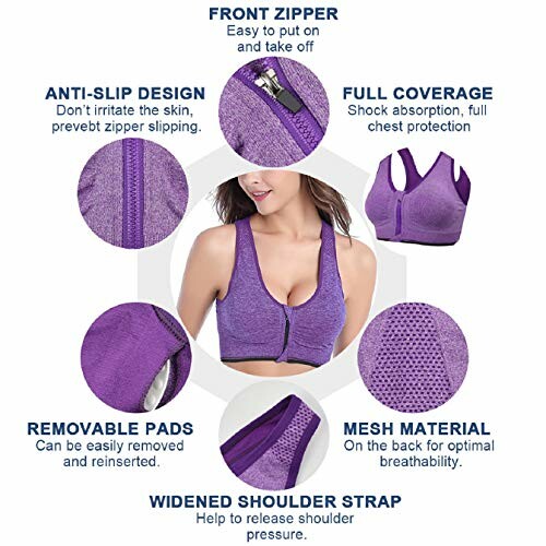 Sujetador deportivo morado con varias características.