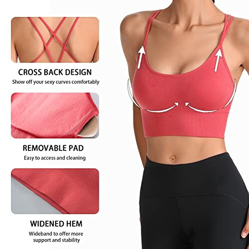 Sujetador deportivo rojo con diseño de espalda cruzada y almohadilla removible.